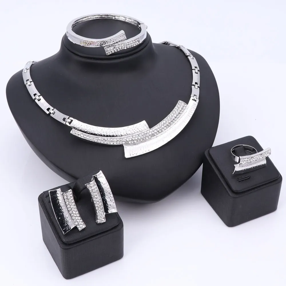Women Jewelry Choker Necklaces Sets Bangle Rings Platinum Plated Wedding Party Bridal Accessories Set Fashion Crystal Costume
