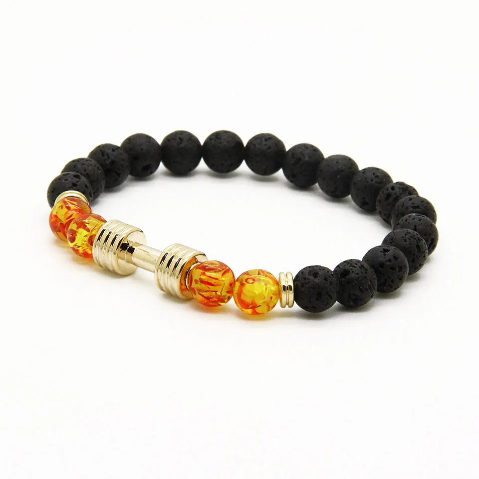 Herenarmbanden Hele nieuwe ontwerpen Metalen nieuwe barbell 8 mm amber kralen lavasteen steen fitness mode halter bracelets242v