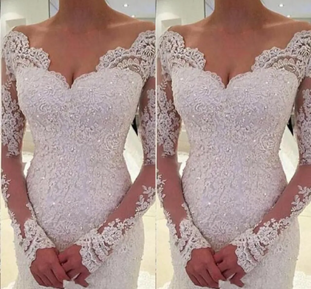 2021 New Modern Mermaid Wedding Dresses Long Sleeves V Neck White Ivory Lace Appliques Beaded Court Train Sheer Back Custom Bridal Gowns