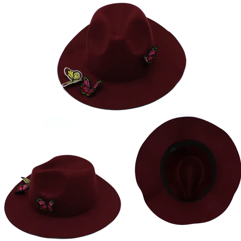 창조적 인 3 개의 나비 여성 와이드 브림 모자 울 소프트 따뜻한 숙녀 페도라 솔리드 플로피 클로체 재즈 캡 모자 가을 겨울 259V