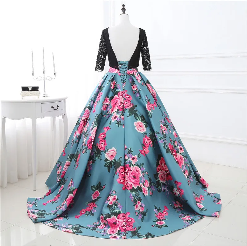 In Stock Two Stones Prom Dresses Print Flowers Ball Gowns Three Quarter Sleeve Lace Top Evening Gowns