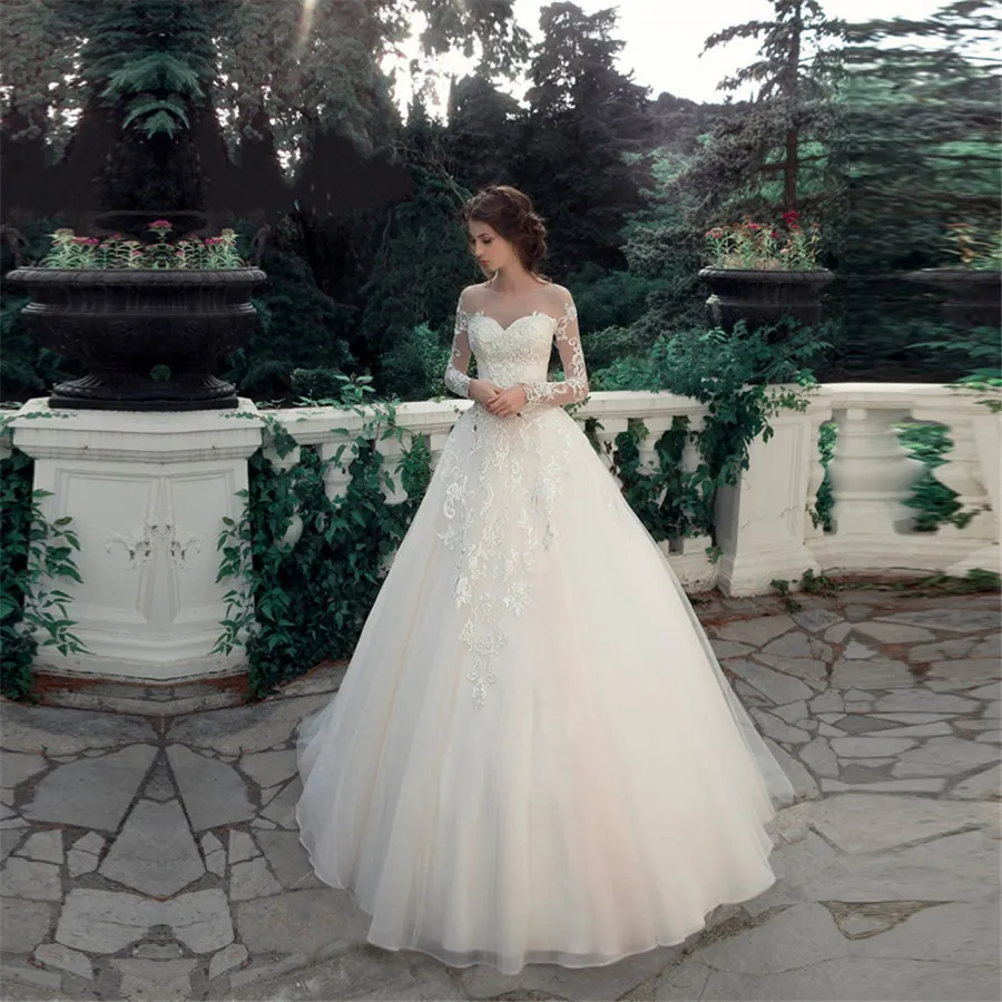 Lace Wedding Dresses robe de mariage Custom Made Bridal Gowns Wedding Dresses vestido de noiva Luxury Long Illusion Wedding Dresses