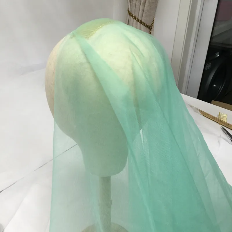 Velos de novia con yema del dedo verde menta, velo de novia de tul de nailon suave personalizado, velo circular de dos capas de 70 de diámetro con Co291d