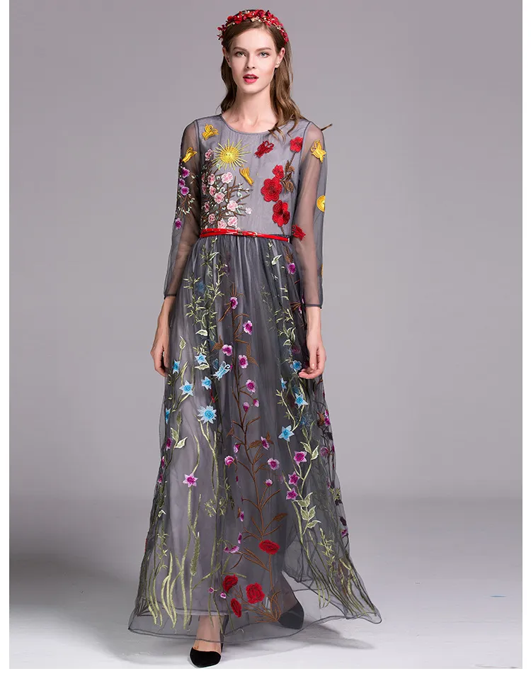 2019 женщин O шеи 3/4 рукава цветочные вышивки слоистых элегантный выпускного вечера длинные платья взлетно-посадочной полосы