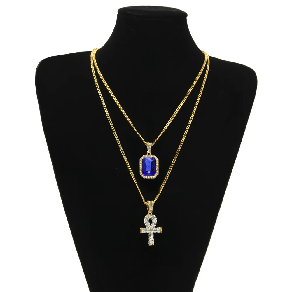 Hip Hop Jewelry Egyptian large Ankh Key pendant necklaces Sets Mini Square Ruby Sapphire with Cross Charm cuban link For mens Fash244D