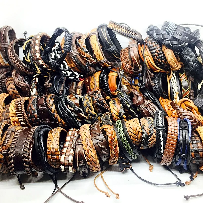 Ensemble de 100 pièces, mélange de styles, fait à la main, noir et marron, vintage, en cuir véritable, bijoux de surf, bracelets de manchette 268M