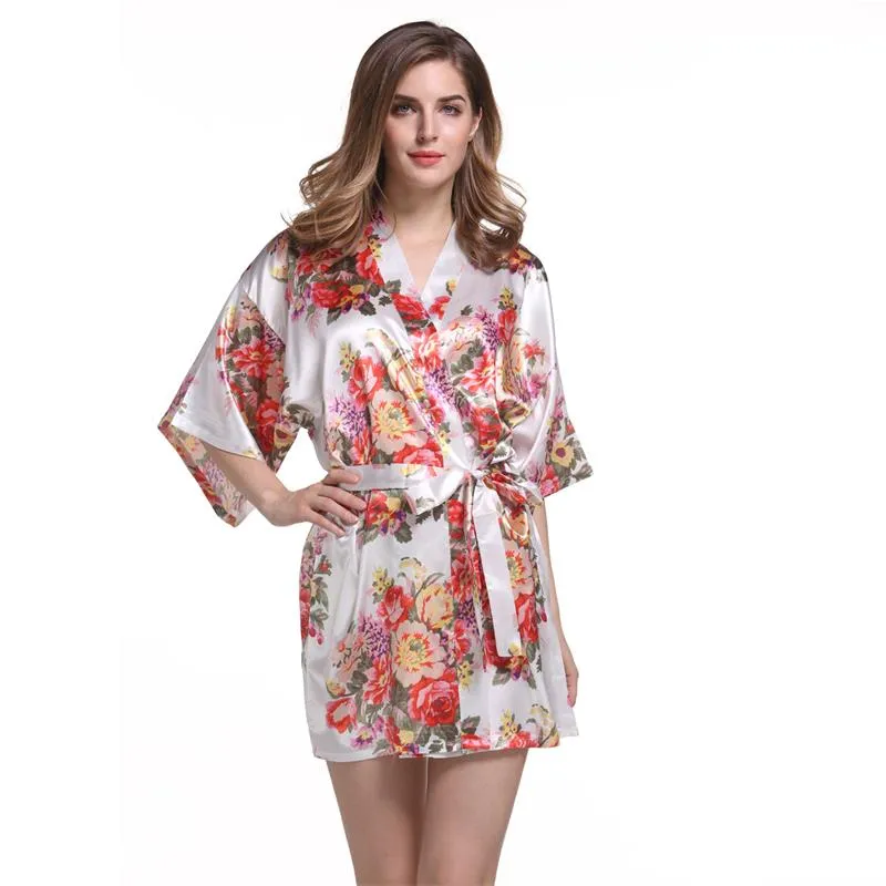 Satin Wedding Bride Bridesmaid Robe Floral Bathrobe Flower Print Kimono Robe Dressing Night Gown For Women