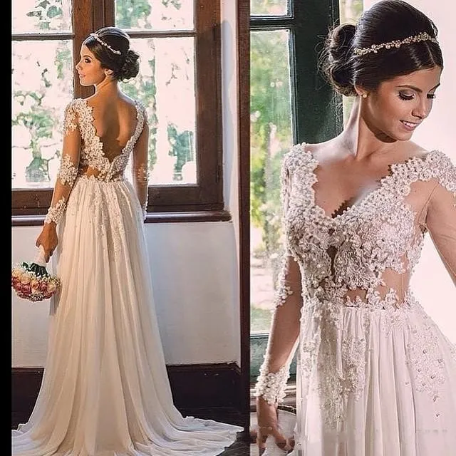 2017 Beach Summer A Line Wedding Dresses V Neck Long Sleeves Lace Appliques Beaded Open Back Sweep Train Plus Size Formal Bridal Gowns