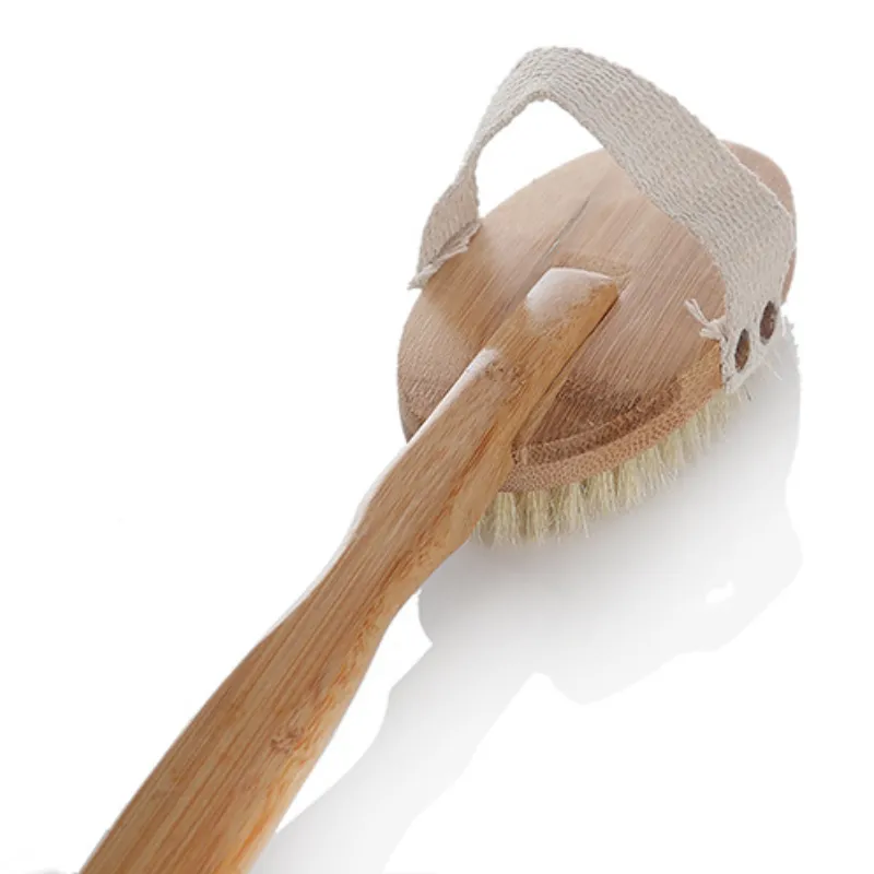 Whole-Natural Bristle Middle Long-handled Bamboo Shower Body Bath Brush Round Head Removable Shower Brush293U