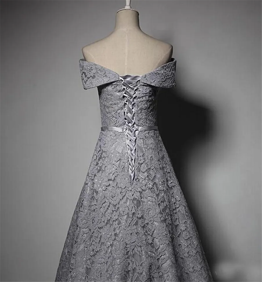 Off Shoulder Grey Lace Formal Evening Gowns A Line Lace Up Evening Party Prom Dresses vestido de formatura longo em vestidos de