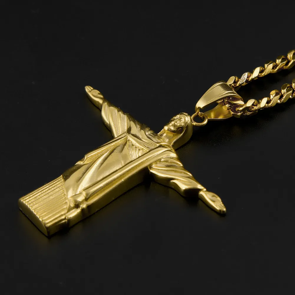 Catena Hip Hop Cuba placcato oro 18k CZ completamente ghiacciato Rio de Janeiro Collana con pendente in acciaio inossidabile Gesù Gioielli di moda da uomo2586