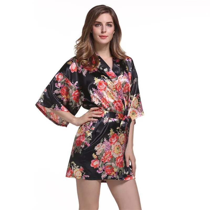 Satin Wedding Bride Bridesmaid Robe Floral Bathrobe Flower Print Kimono Robe Dressing Night Gown For Women