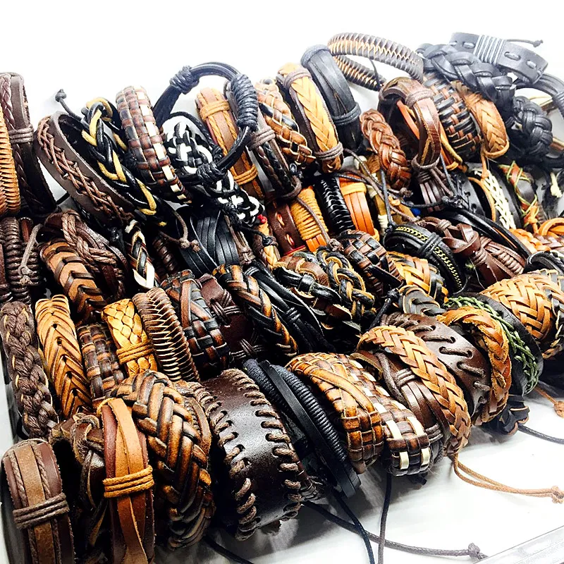 Ensemble de 100 pièces, mélange de styles, fait à la main, noir et marron, vintage, en cuir véritable, bijoux de surf, bracelets de manchette 268M