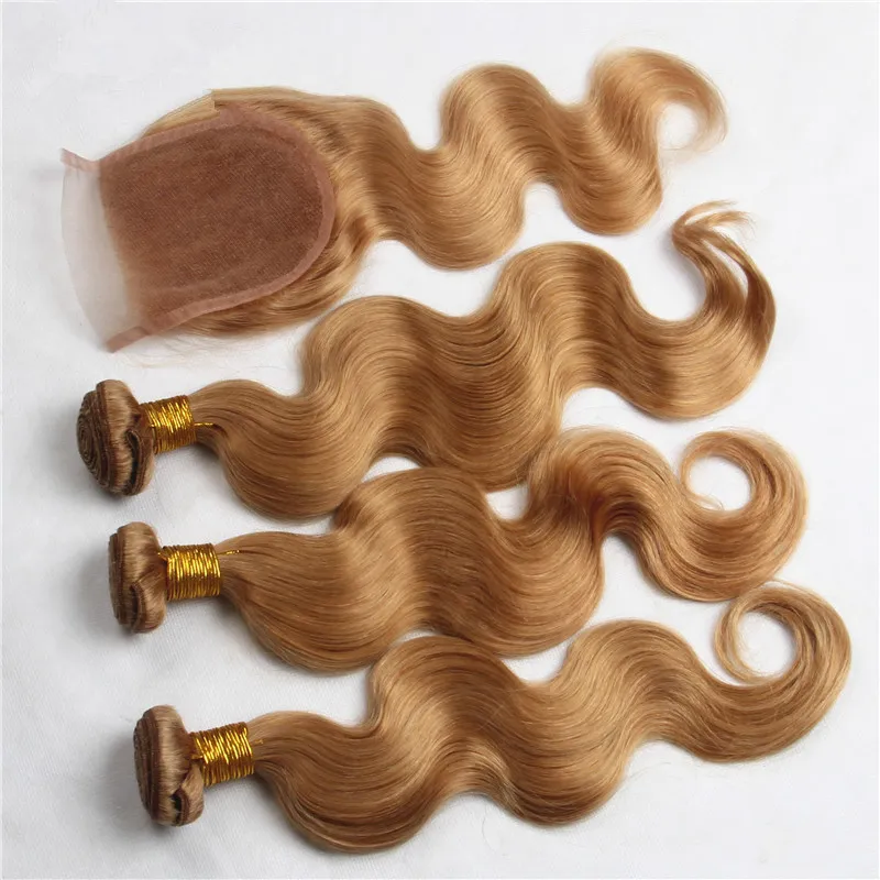 Brasilianische Honig Blonde Körperwelle Haar spinnt mit Spitze Schließung 27 Strawberry Blonde Menschenhaar Bundles mit drei mittleren 3 Teil Top Closure