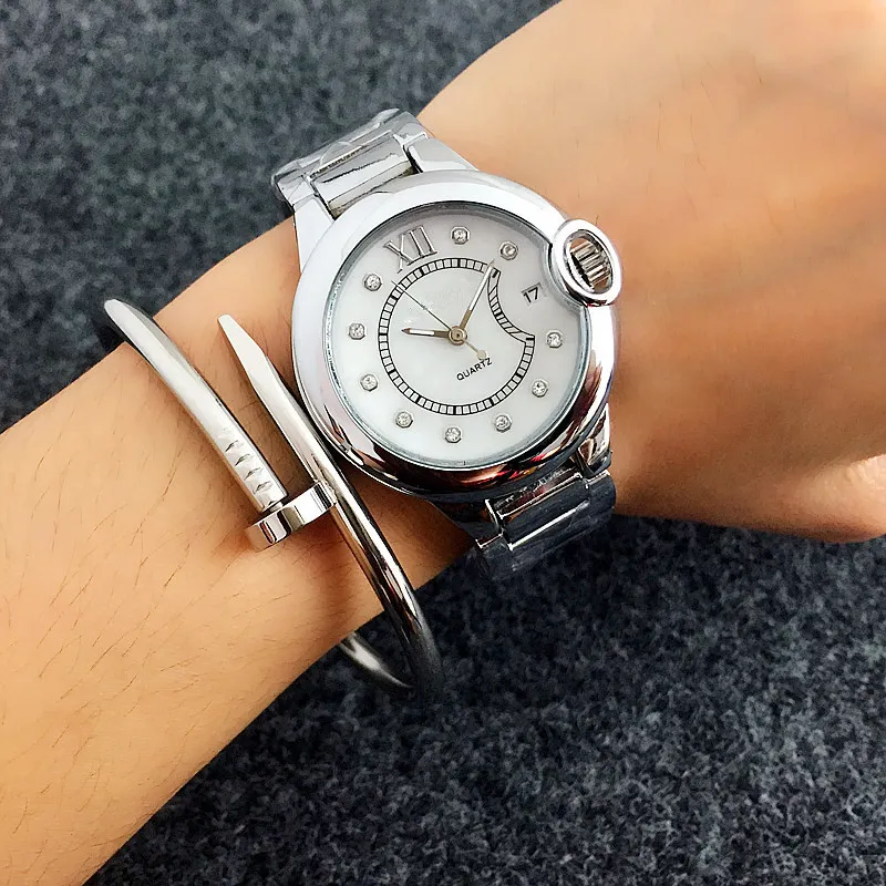 Mulher relógios de quartzo literal strass inlay escala relógio dial moda aço completo dial relógios de pulso calendário quartzo Watches285U