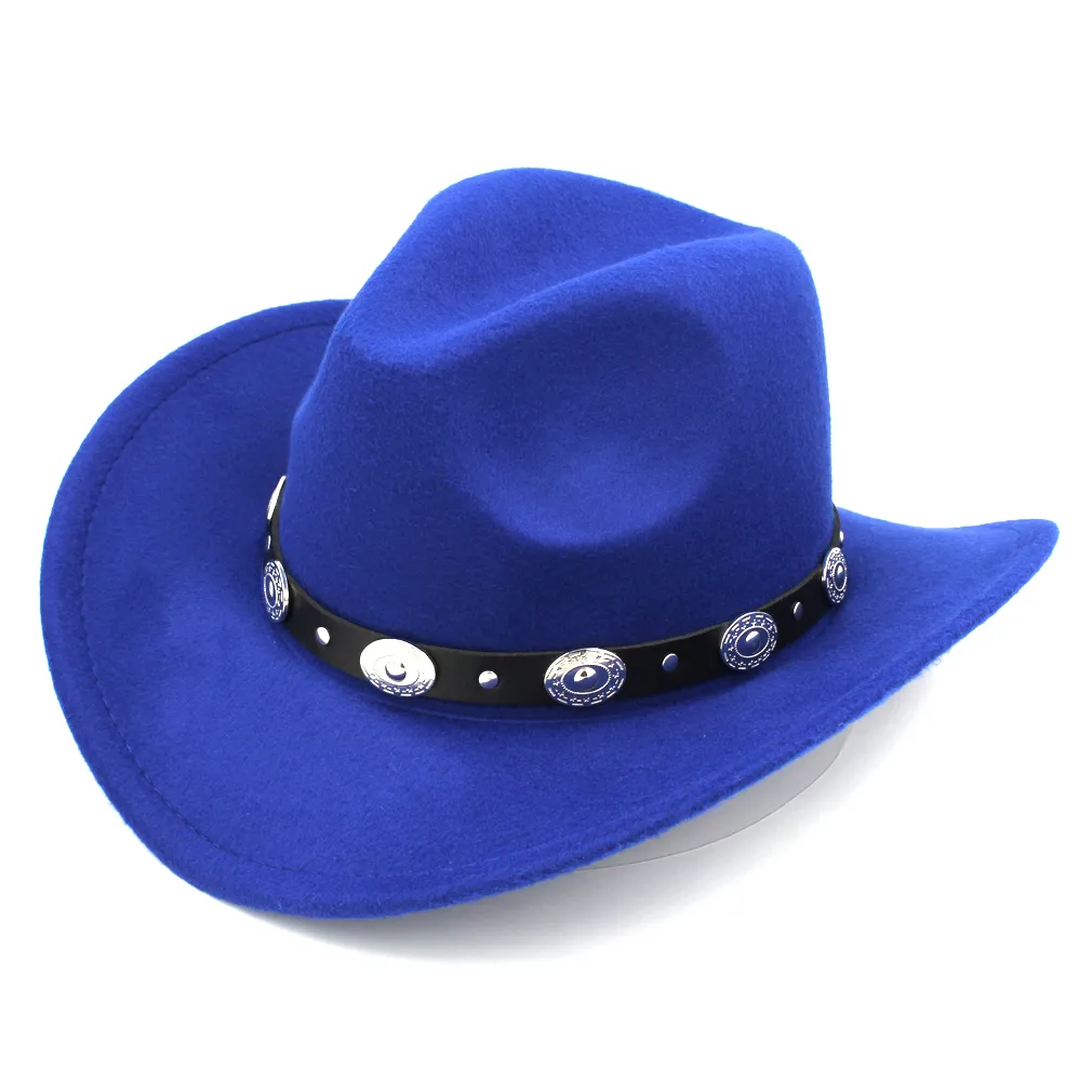 Cappello da cowboy occidentale moda donna con visiera arrotolata in feltro da cowgirl, sombrero con cintura in pelle borchiata267N