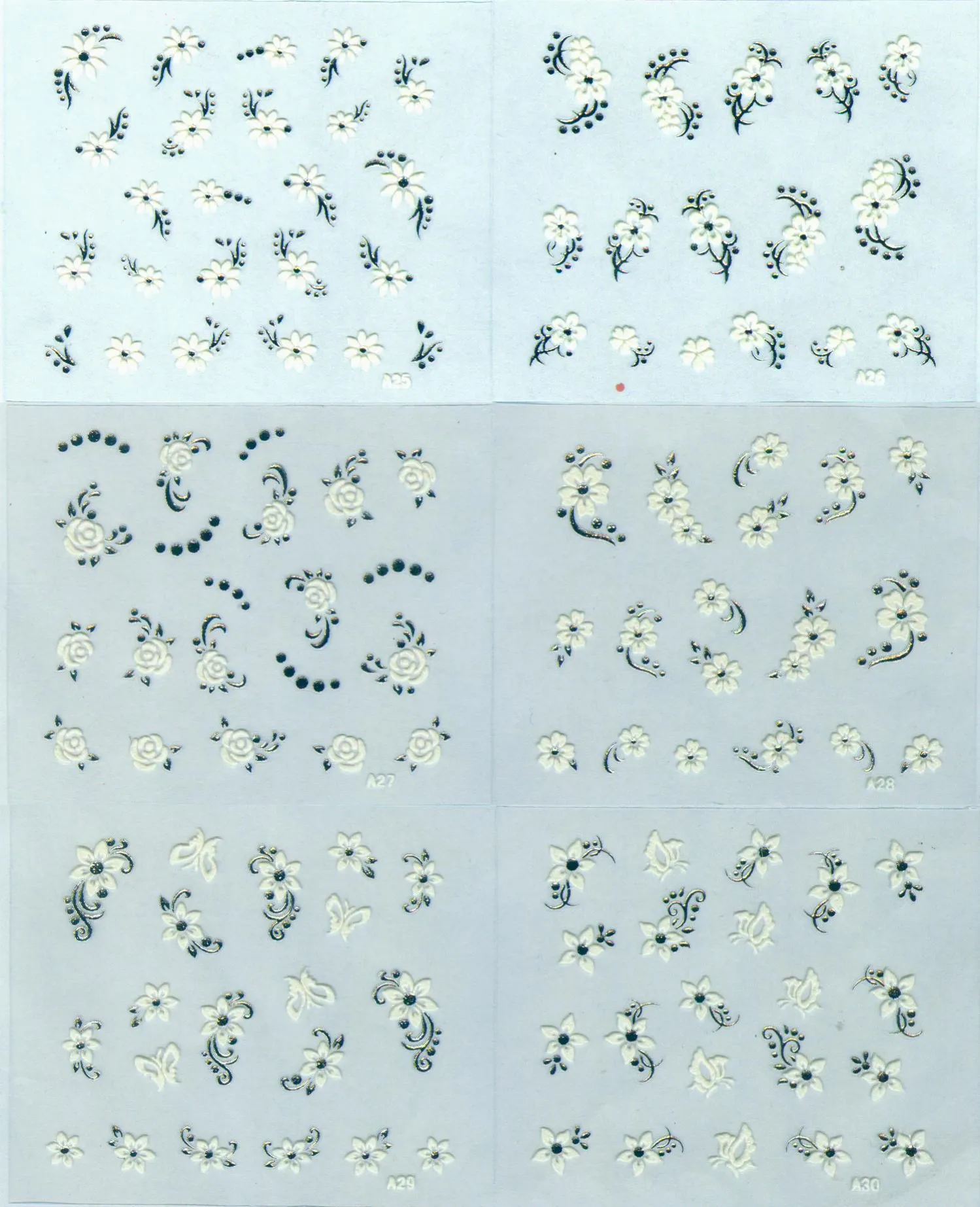 Nail Art Dekorationen 3D Nageldichtung 30 Sätze Silber + Weiße Blume Dekor Nagel Sticke A 01-30