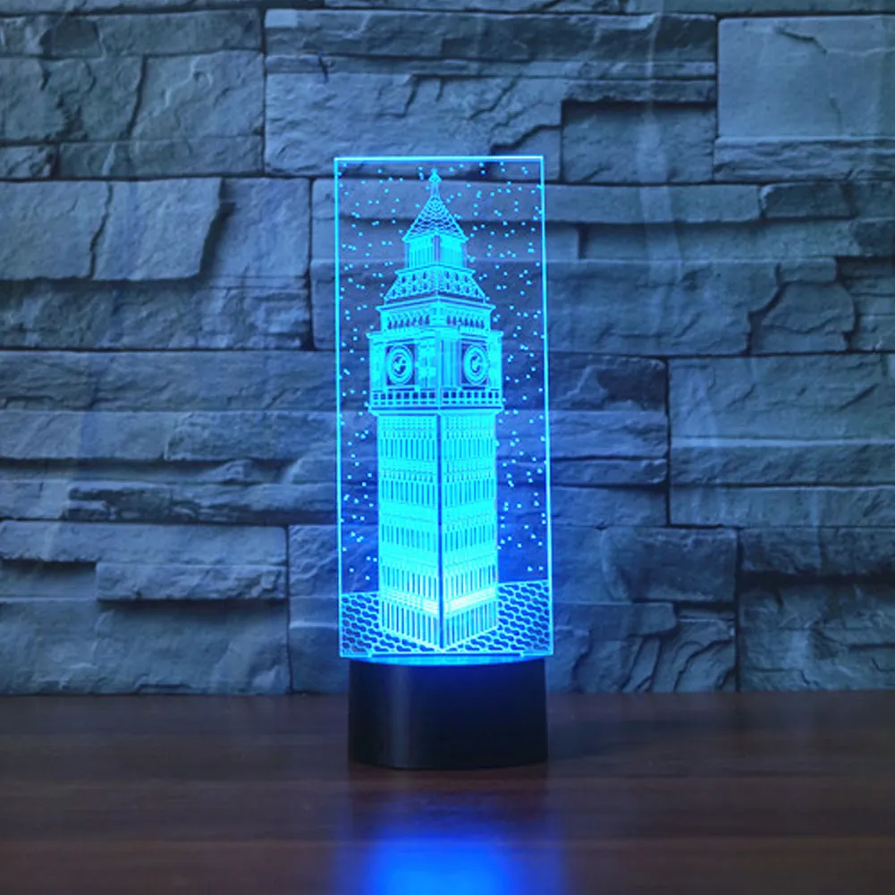 Lâmpada de mesa Big Ben 3D Presente de acrílico Night Light LED Iluminação Móveis decorativos coloridos 7 Alteração de cor Acessórios domésticos de casa216s