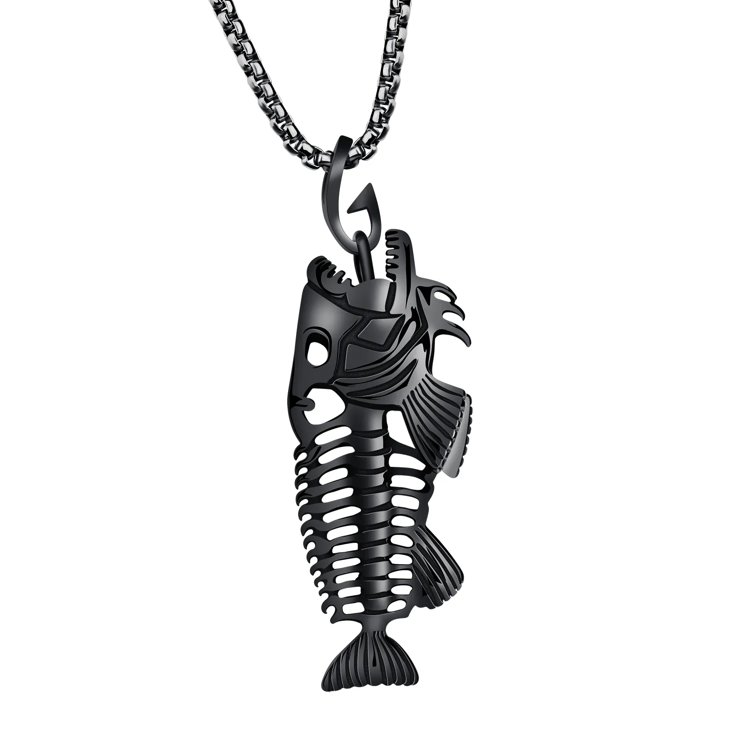 Ciondolo motociclista scheletro di pesce pesante Collana in acciaio inossidabile nero oro argento Nuovo con catena Rolo 4mm 24 2727