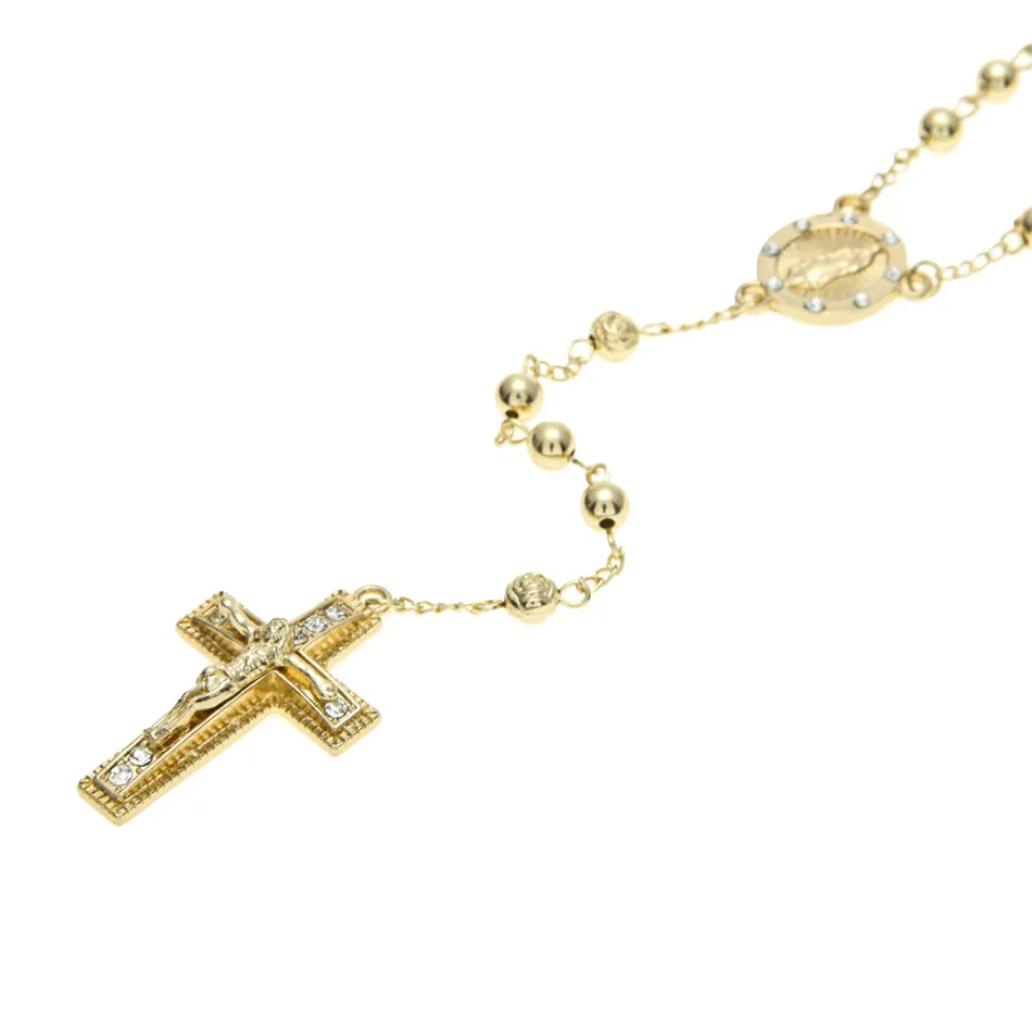Gioielli religiosi cattolici da uomo Stile Hip Hop Collana di perline in acciaio inossidabile color oro Collana con rosario con croce di Gesù Catena279u
