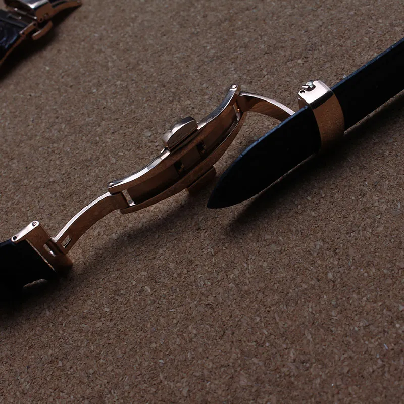 Bracelets de montre en cuir de vachette avec motif spécial grain de crocodile bracelet de montre boucle en or rose déploiement papillon noir marron nouveau 200F