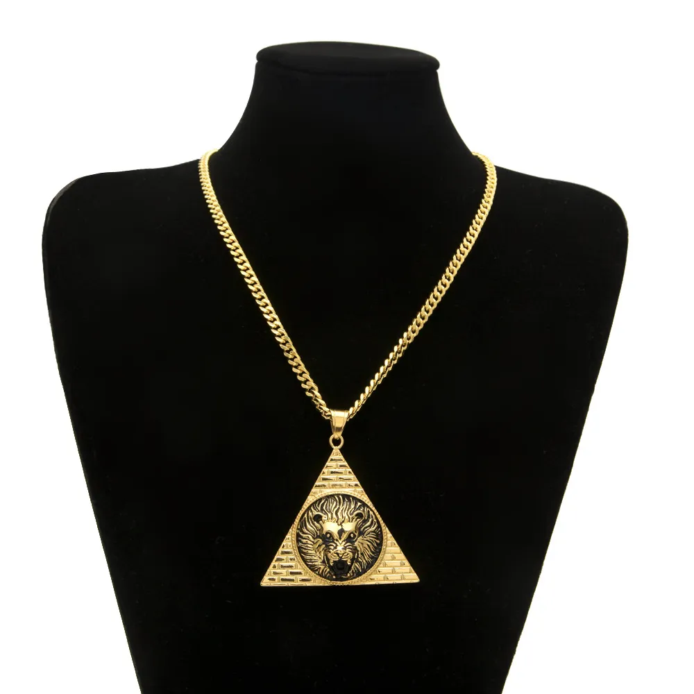 Pirámide egipcia triangular con colgantes de cabeza de león, abalorio ostentoso de acero de titanio y Color dorado, cadena de Hip Hop de la suerte para hombres y mujeres 223C