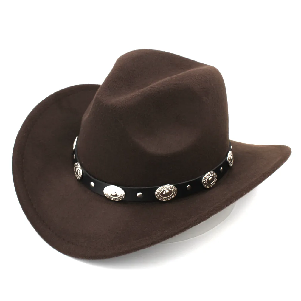 Cappello da cowboy occidentale moda donna con visiera arrotolata in feltro da cowgirl, sombrero con cintura in pelle borchiata267N