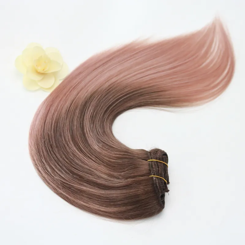 14-24inch 100g Full Set Clip in Hair Extensions Ombre Balayage Human Hair Clip in Human Hair Extensions Color Rose Gold