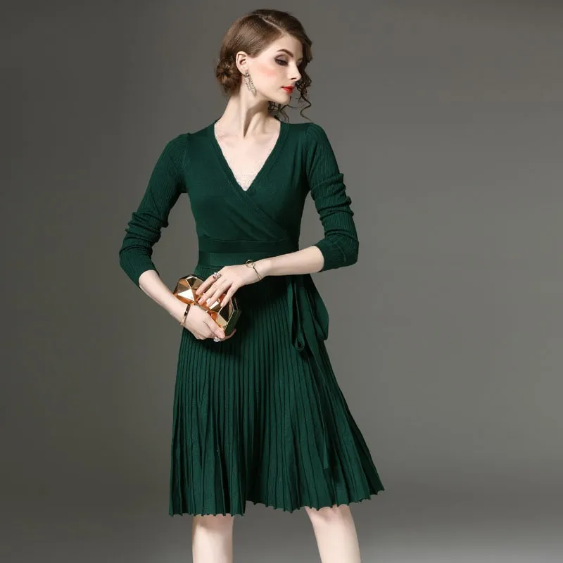 European style Autumn sexy V neck knit dress pleated skirt with Sashes plus size