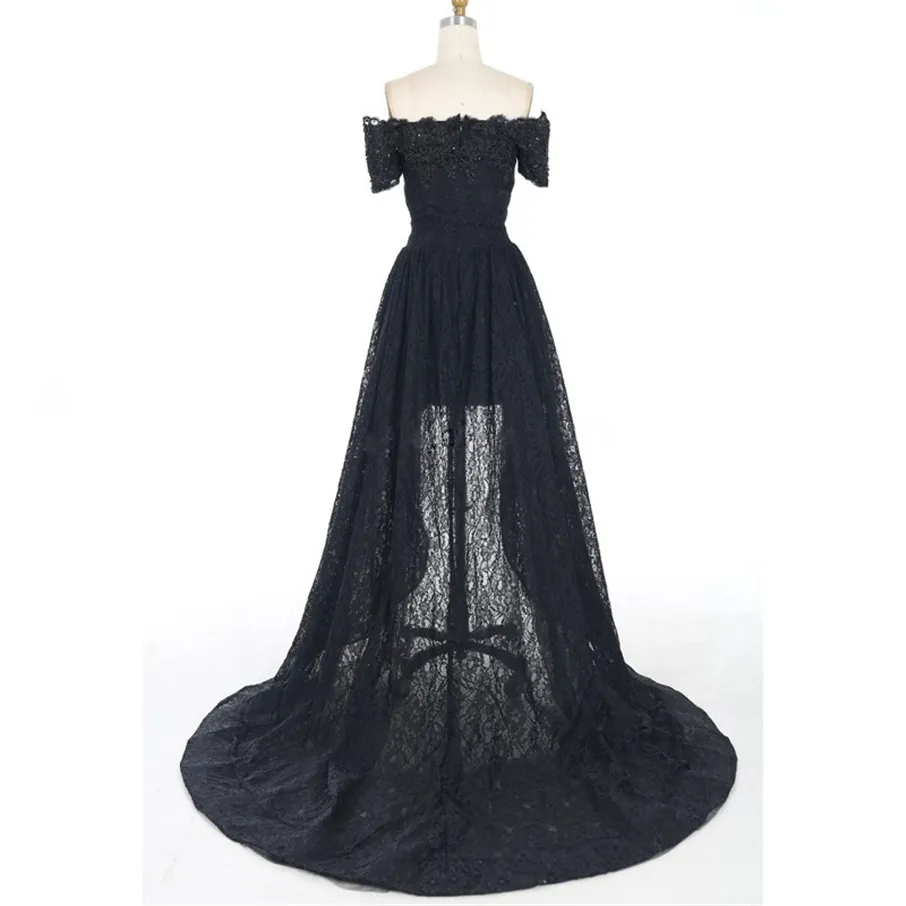 Off the Shoulder Black Party Dress Prom Dresses 2019 Charming Marsala Boat Neck Corset Black High Low Lace Short Sleeves Evening Dress