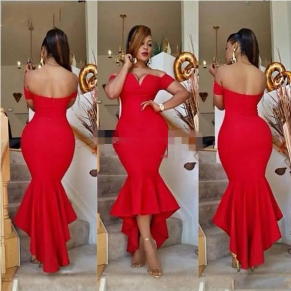 Red Mermaid Style Evening Dresses Off Shoulder High Low Simple Modest Prom Dresses Back Zipper Ruffle Custom Made Formal Party Gowns 2017
