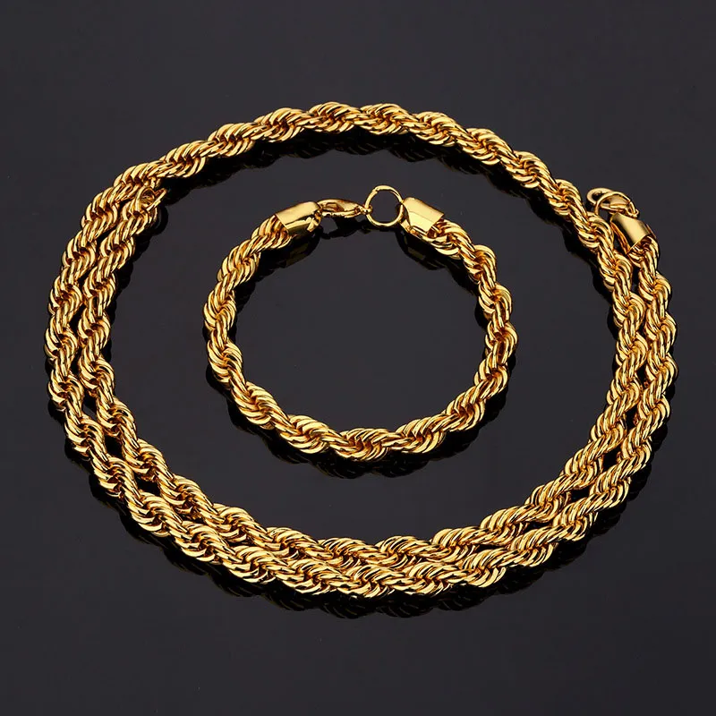 Qualidade superior hip hop corda corrente colar pulseira rock rapper conjuntos de jóias para homens mulheres 75cm 8mm 21cm 8mm266m
