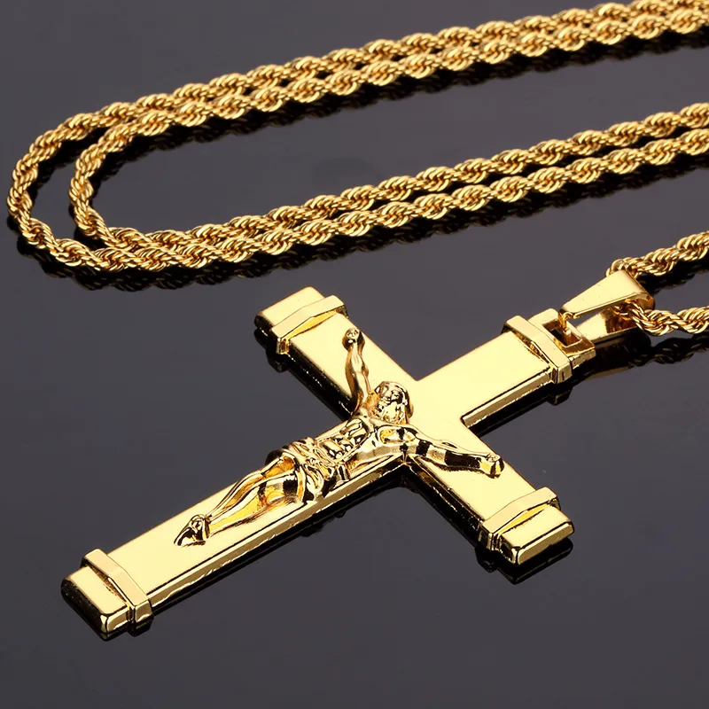 Alta calidad 24 K chapado en oro Jesucristo colgante cruz collar hip hop rap oro Crucifixio cubano collar de cadena hombres joyería