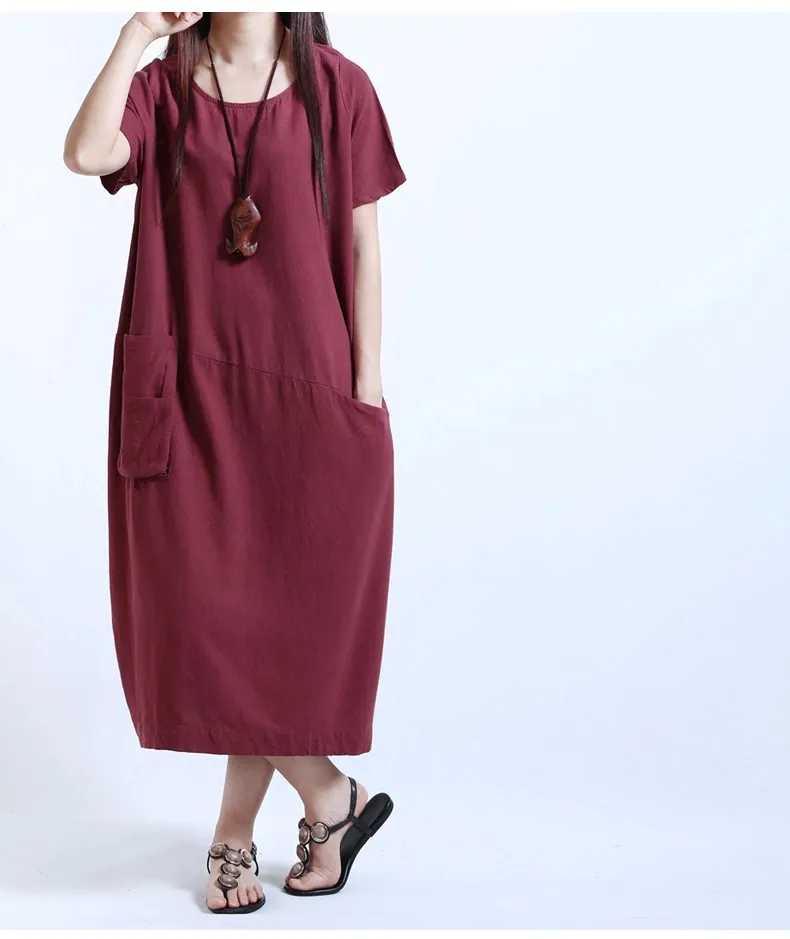 Wholesale Women Dresses Casual Women Cotton Linen Short Sleeve Long Loose Maxi Dress Sundress Clothes