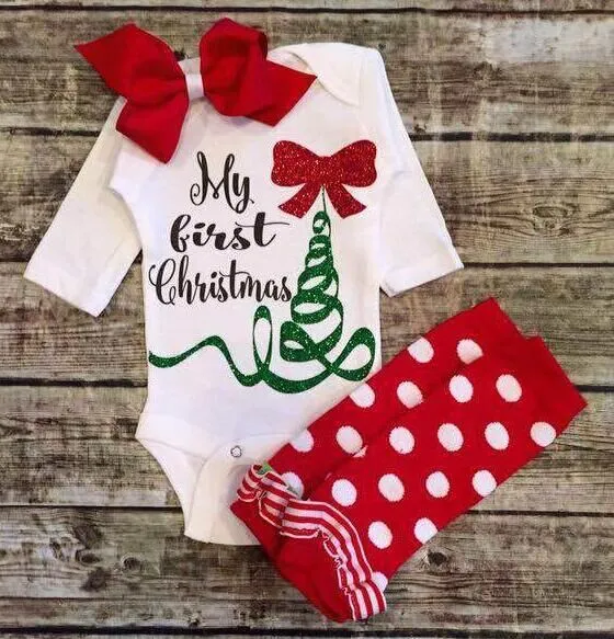 2017 Children Christmas letter bow Newborn Outfits 3 styles Infant Baby Long Sleeve Cotton Rompers+leg warmer two Piece set