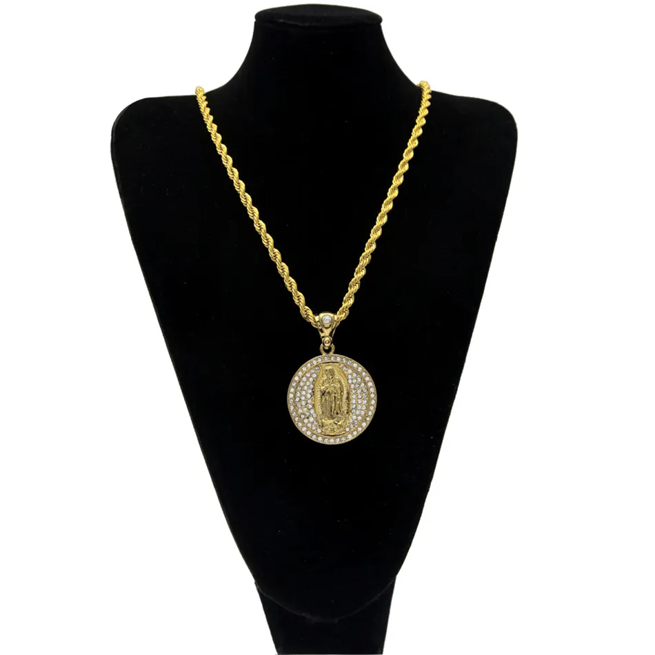Mężczyźni Women Virgin Mary Wisel Hip Hop Biżuteria Out Bling Bling Rhinestone Crystal Gold Gold Kolor Naszyjnik 1856