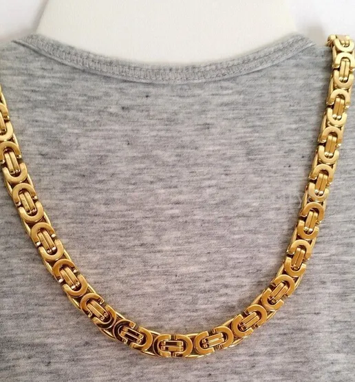 Hohe Qualität, goldfarbener Edelstahl, modische flache byzantinische Kette, Halskette, 8 mm, 61 cm, Geschenk für Damen und Herren, Schmuck für 192J