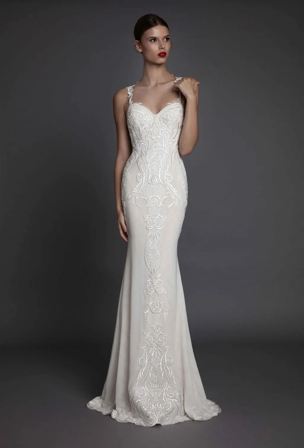 Betra Illusion Mermaid Wedding Dresses Spaghetti Neckline Appliques Wedding Gowns Sweep Length Zipper Back Wedding Dress