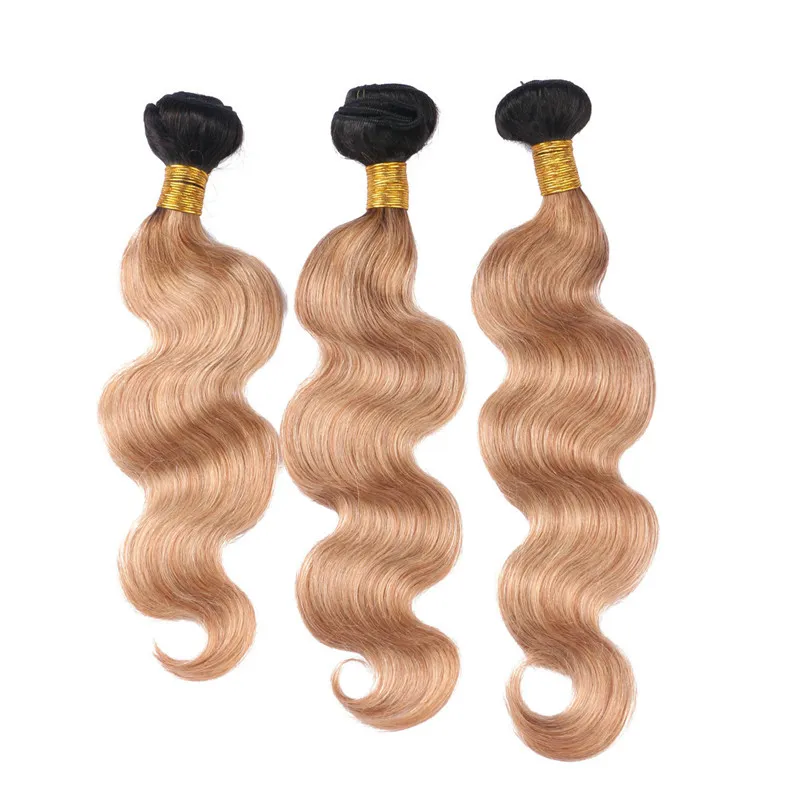 Dark Roots Honey Blonde Human Hair Bundles Body Wave Virgin Brazilian 1B/27 Strawberry Blonde Ombre Human Hair Weaves Extensions