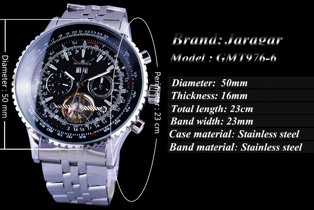 Jaragar Aviatorシリーズシルバーステンレススチールトゥビリオンデザインスケールダイヤルメンズウォッチトップブランド高級自動時計時計D18250G