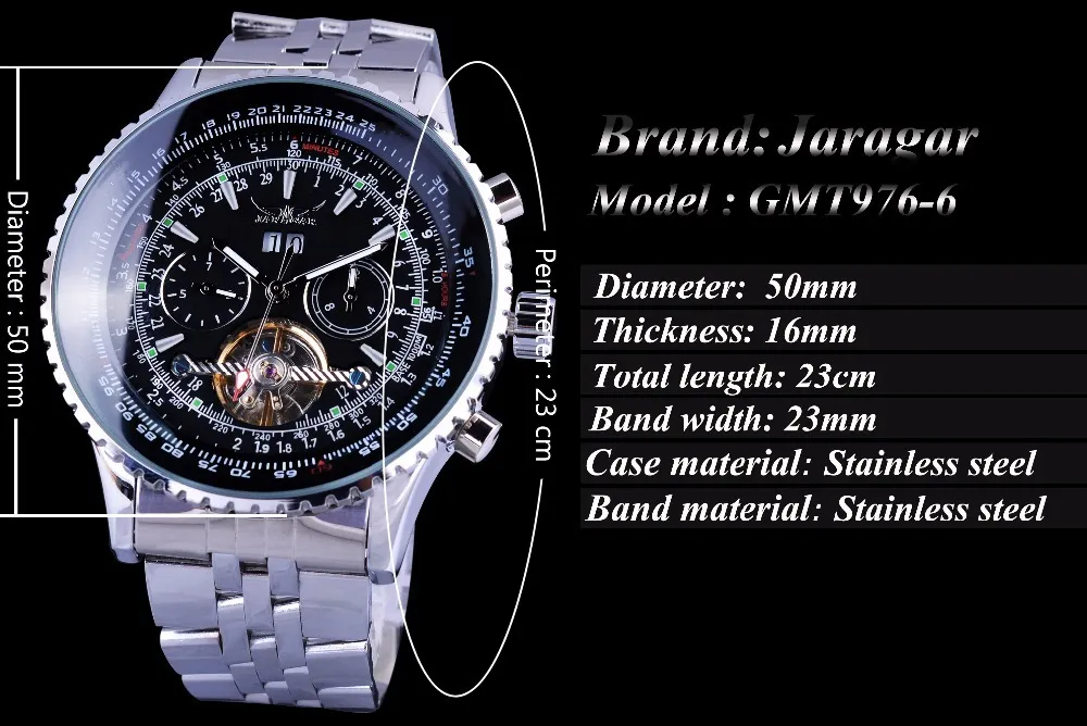 Jaragar Aviator Series Silver Stal nierdzewna Nierdzewna Wskaźnik Dial Scale Męskie zegarki Top Marka Luksusowy automatyczny zegar zegarowy D18284L