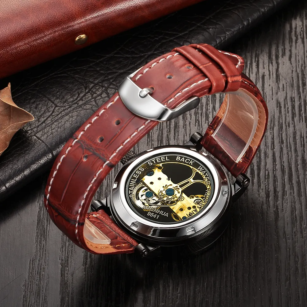 Relogio Masculino Shenhua 자동 기계식 Tourbillon Watches Men Top Brand Luxury Leather Band Transparent Skeleton Watch D18223E
