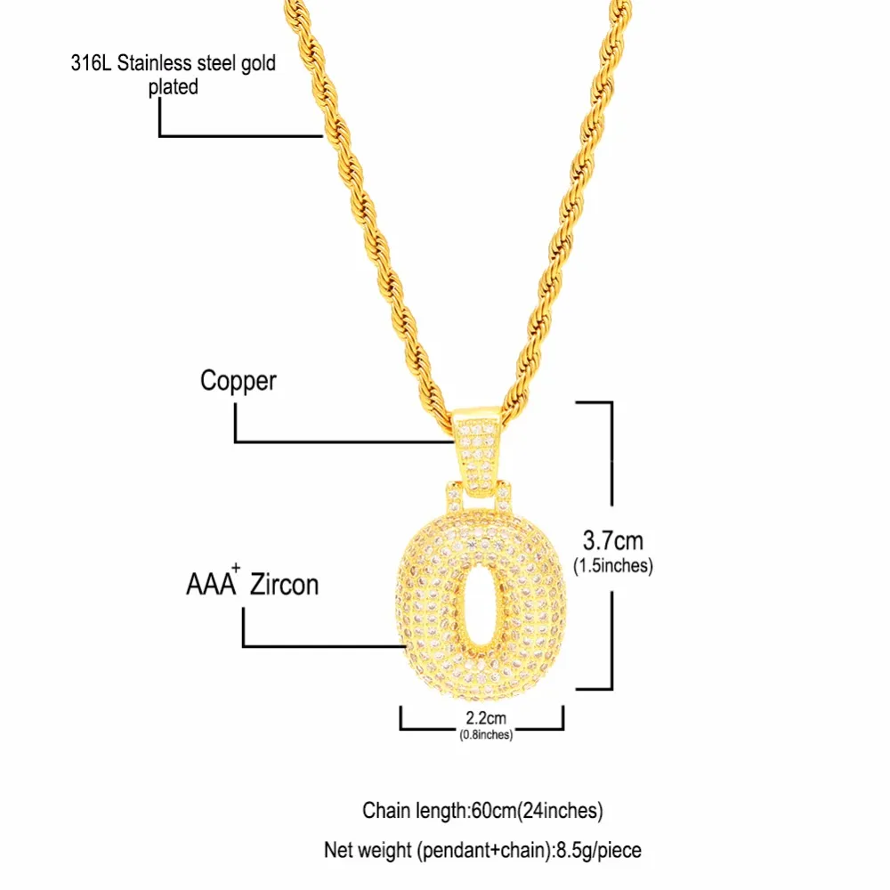 Bling CZ Custom Iced out Bubble Número 0-9 Colgante con cadena de cuerda Números de cobre Oro Plata Rosa Oro Color Charm Hiphop Necklac264k