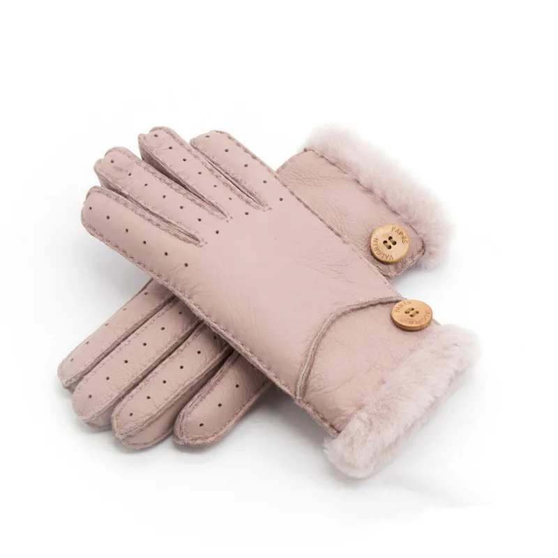 Whole-新しい暖かい冬の女性の革の手袋本物のウールの女性100％200z