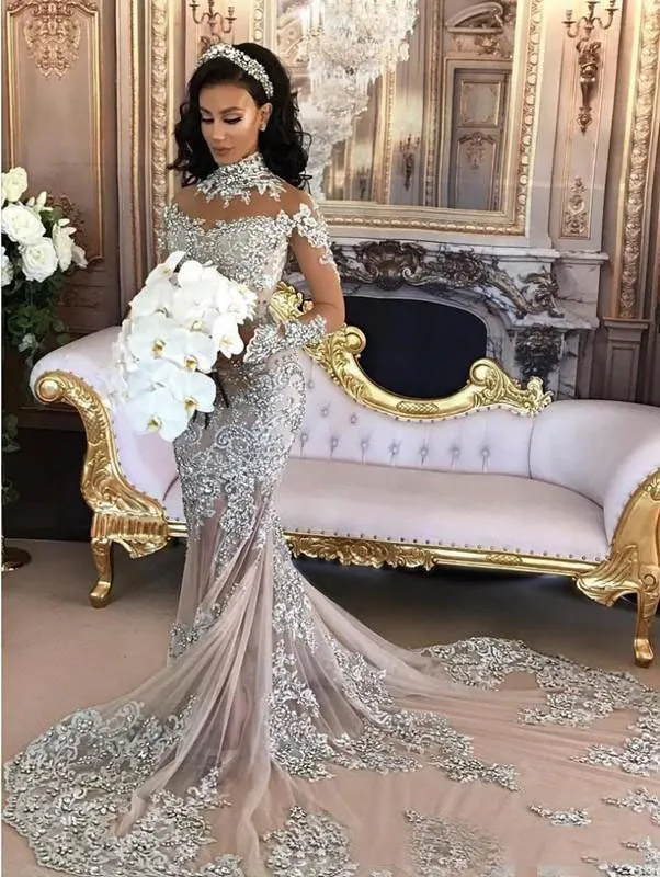 High Neck Sexy Mermaid Style Bridal Dresses With Silver Applique Beaded Long Illusion Sleeves Luxury Custom Made Wedding Gowns Sweep Train