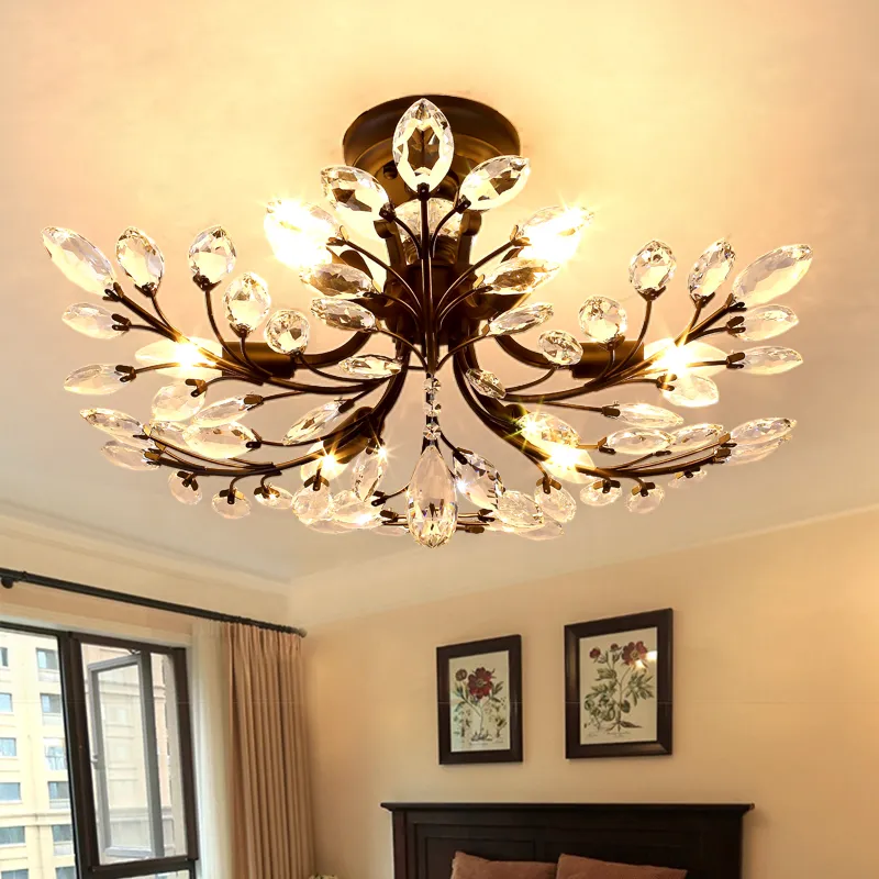 American Village Iron Chandelier Lighting Fixtures Black Crystal Lamp 6/8/10 Heads E14 Light for Dining Living Room