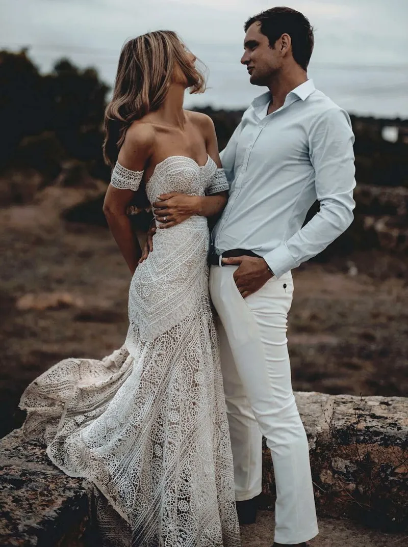 mermaid beach wedding dresses off the shoulder backless full lace boho bridal gowns long train bohemian wedding dress