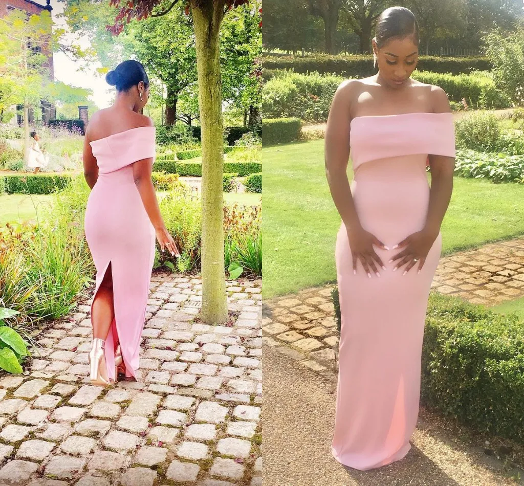 New Designer Pink Sheath Prom Dresses Off Shoulder Backless Back Split Floor Length Formal Dresses Evening Wear vestidos de fiesta