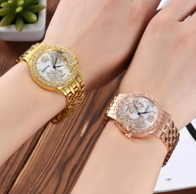 2018 hot sales Gold silvery Rose Gold Luxurious crystal Butterfly steel strip Wrist Watch High-grade fashion woman quartz Wrist watch