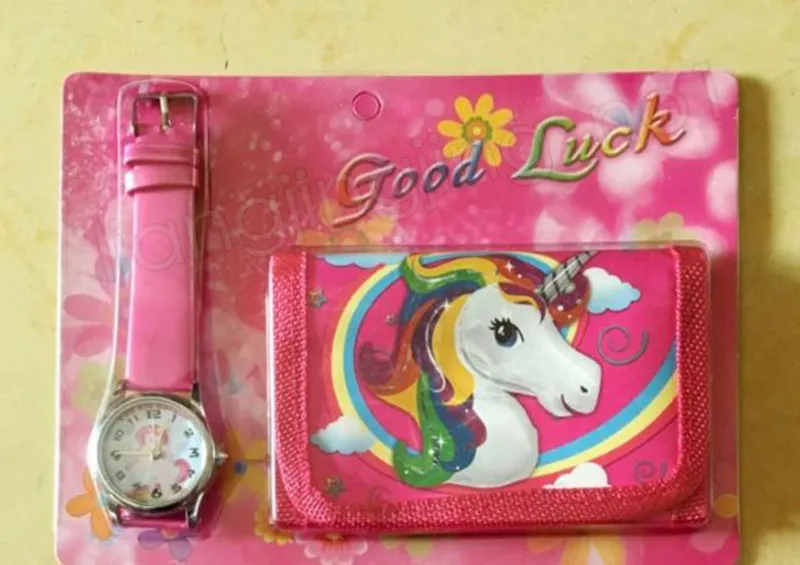 Unicorn Purses Watch Set Girls Wallet Fold Pocket Bags Pink Rose Cartoon Stationery Storage Organizer Bag Kids Purse GGA1209